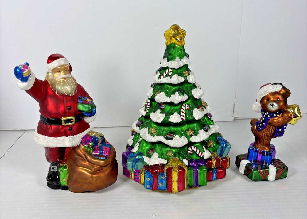 Vintage Holiday Glass Figurines 3 piece set Christmas Tree, Santa & Bear